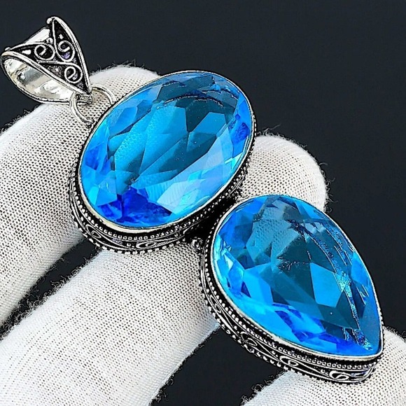 Sterling Silver Blue Topaz Pendant Gemstone Charm Necklace, Handmade - Picture 1 of 12